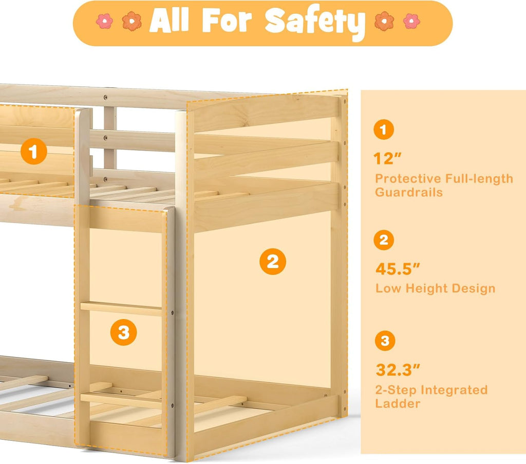 Low Twin Over Twin Wood Bunk Bed