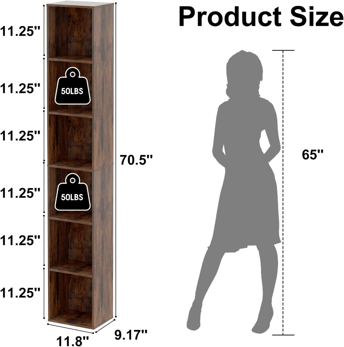 Brown Slim 6-Tier Corner Bookshelf