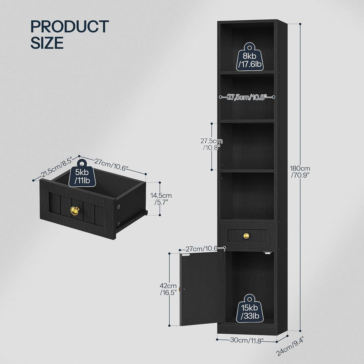 Black Narrow Tall Storage Bookcase