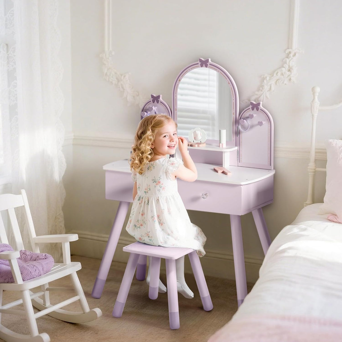 Mirror Drawer Kids Vanity Table Set