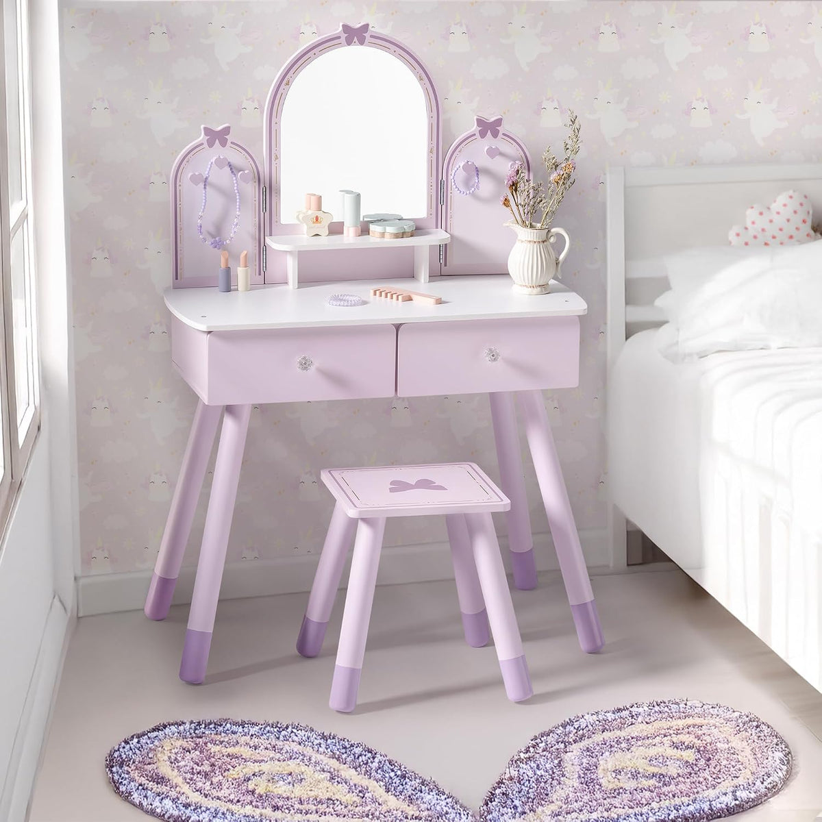 Mirror Drawer Kids Vanity Table Set