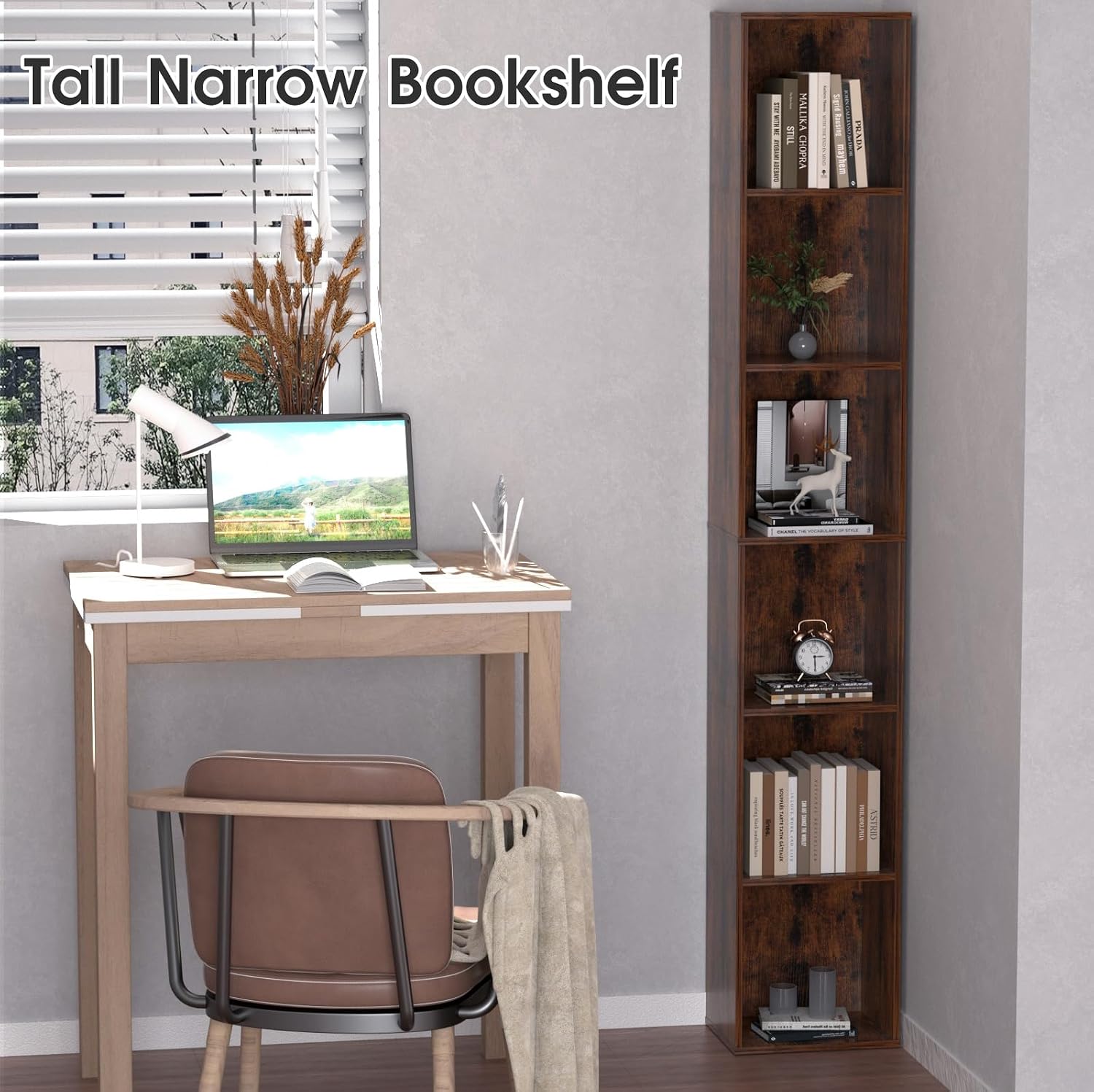 Brown Slim 6-Tier Corner Bookshelf