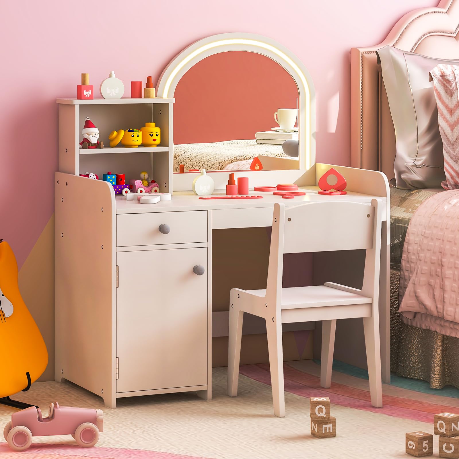 White Lighted Kids Vanity Desk Set