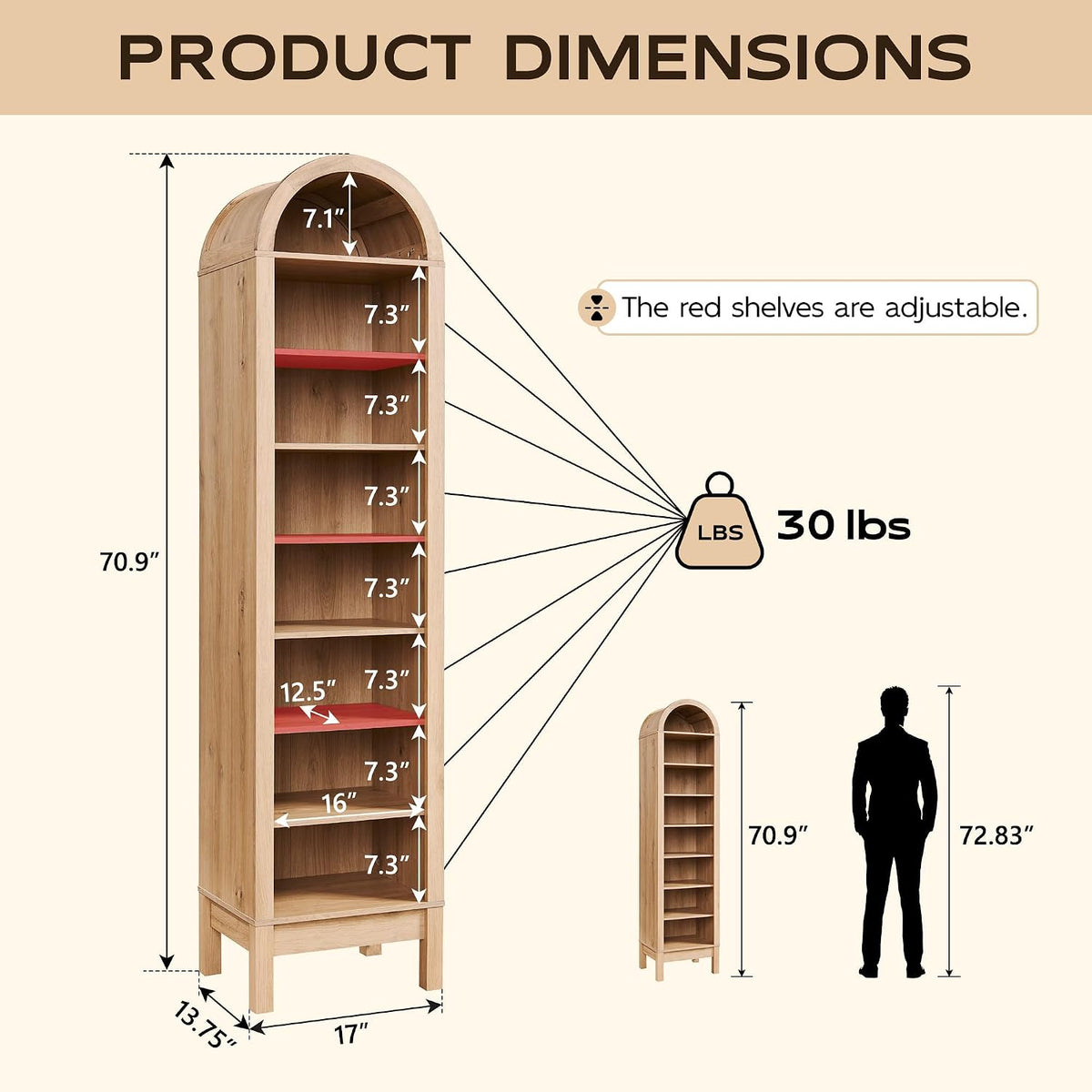 Natural Arched 8-Tier Wood Bookshelf