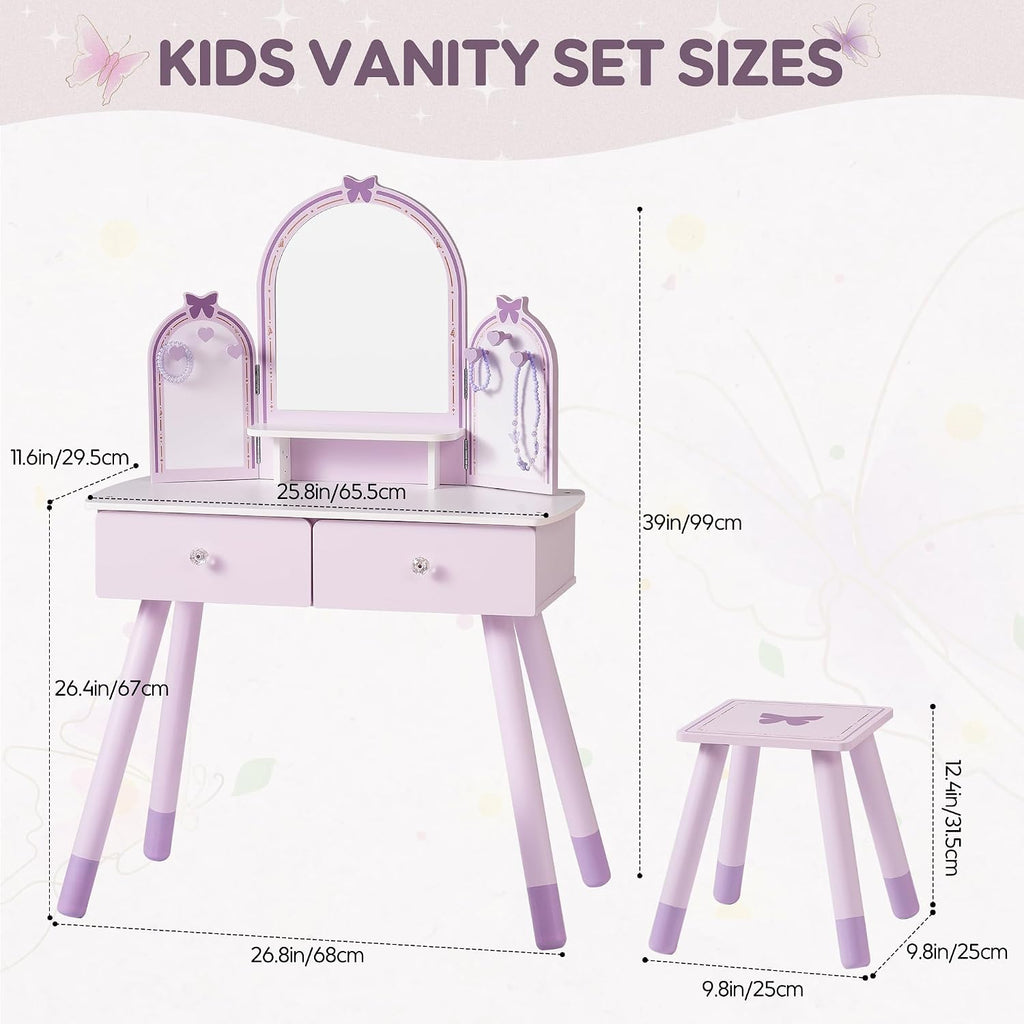 Mirror Drawer Kids Vanity Table Set