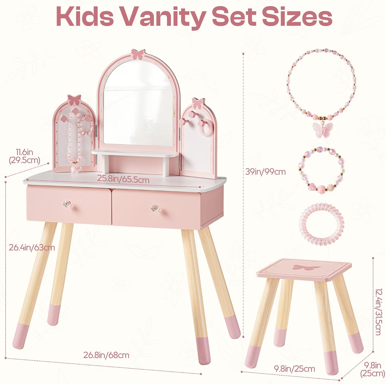 Pink Butterfly Kids Vanity Desk Set