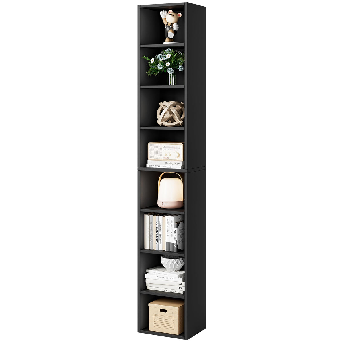 Black Slim 8-Tier Corner Bookshelf