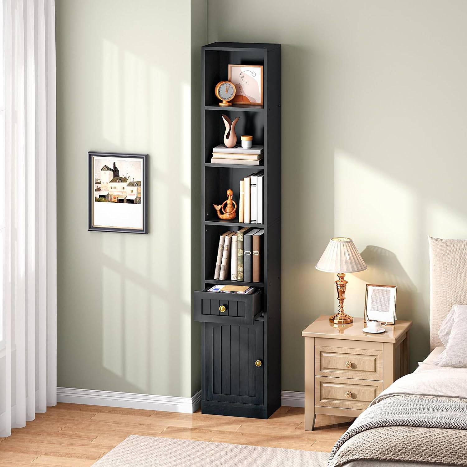 Black Narrow Tall Storage Bookcase