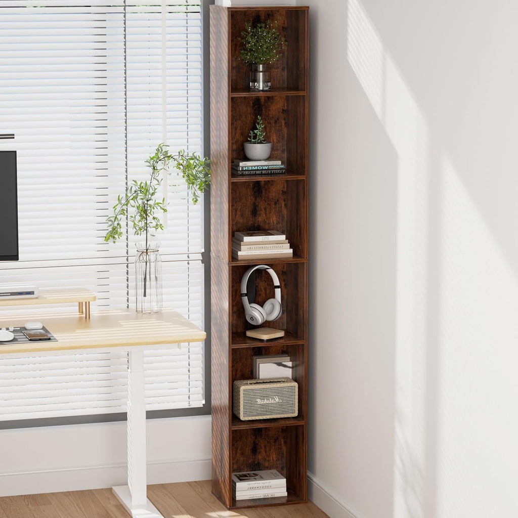 Brown Slim 6-Tier Corner Bookshelf