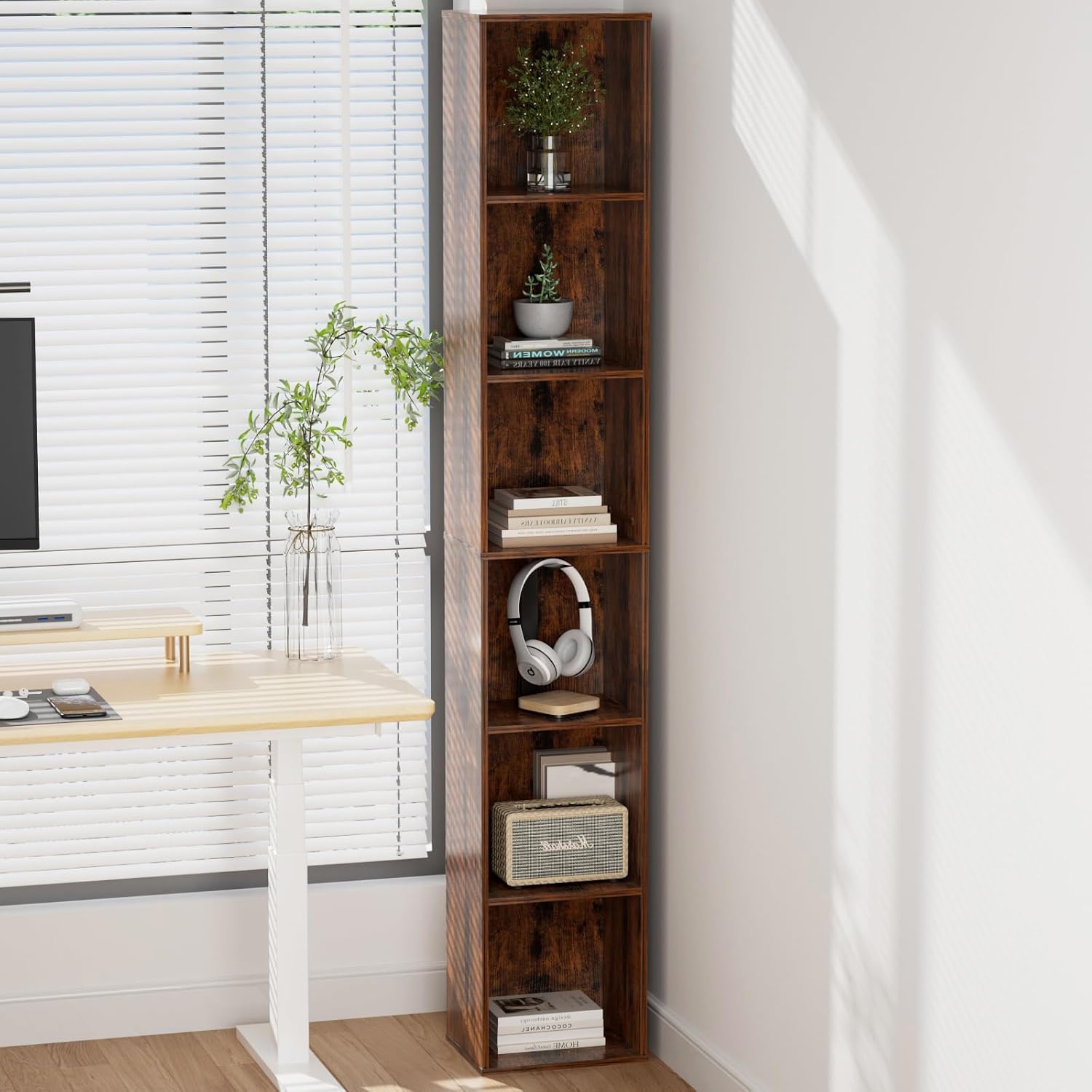 Brown Slim 6-Tier Corner Bookshelf