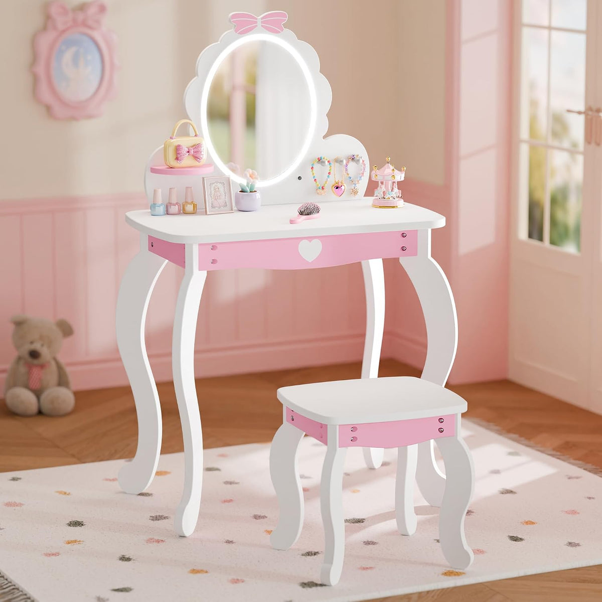 White Lighted Kids Vanity Desk Set