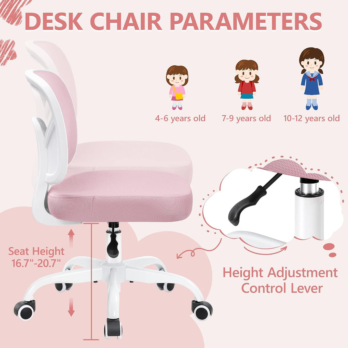 Pink Mesh Adjustable Kids Desk Chair