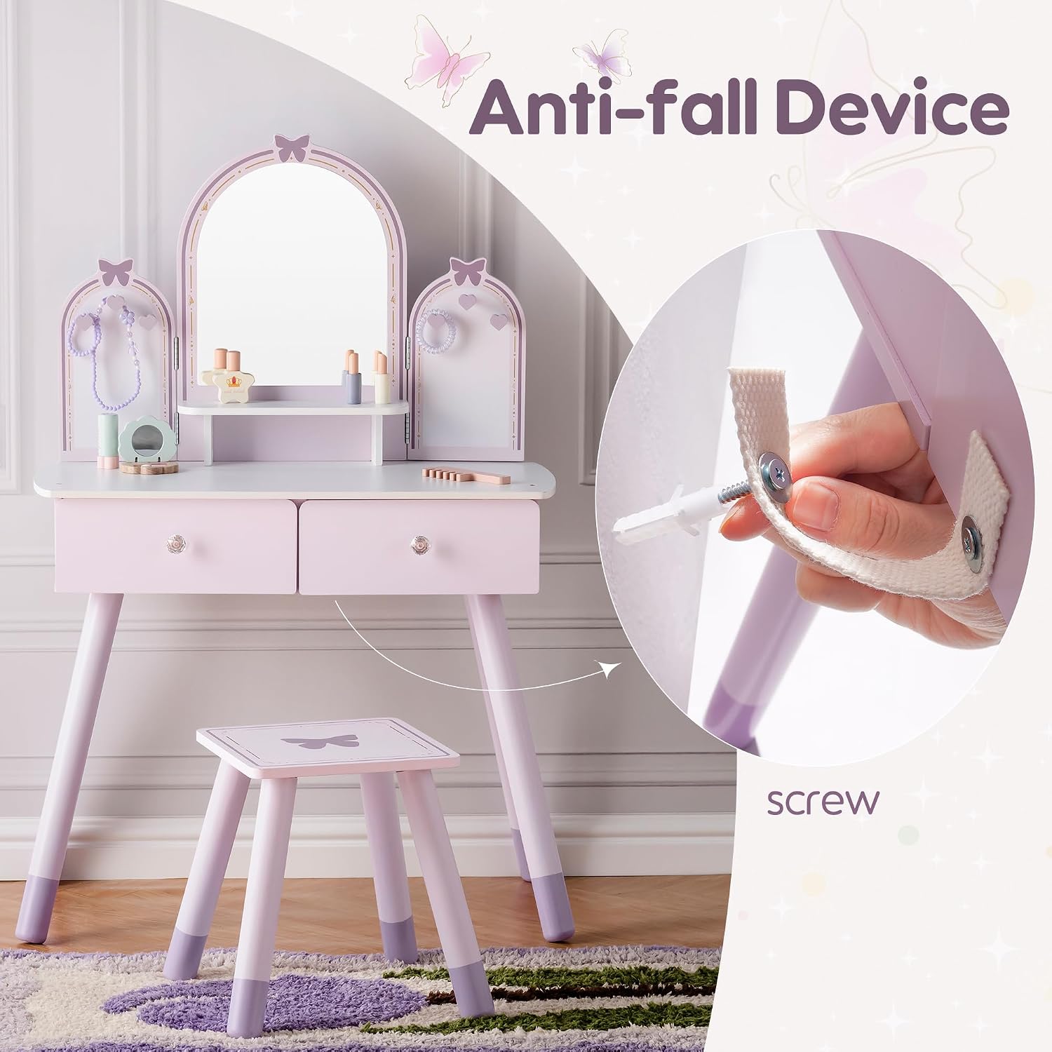 Mirror Drawer Kids Vanity Table Set