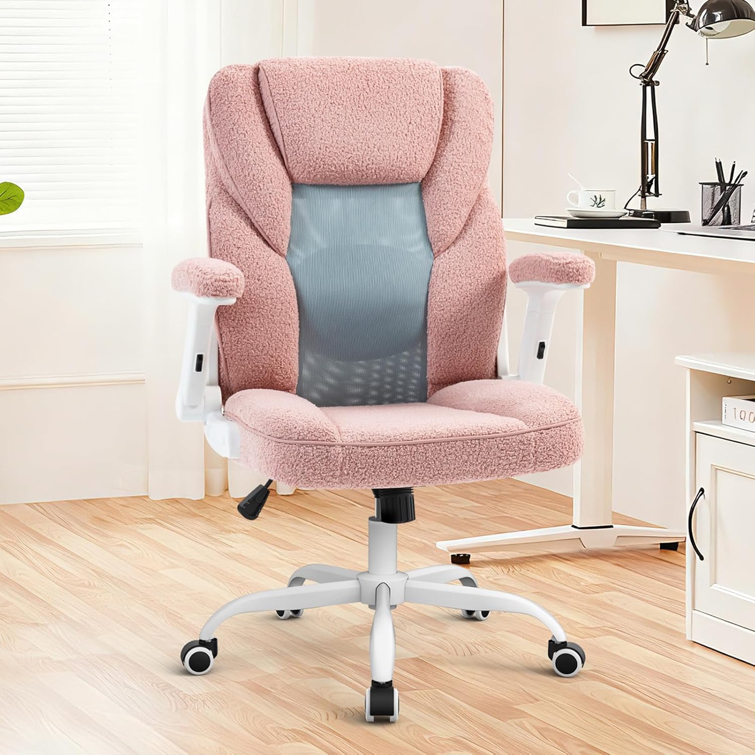 Pink Fleece Mesh Swivel Desk Chair