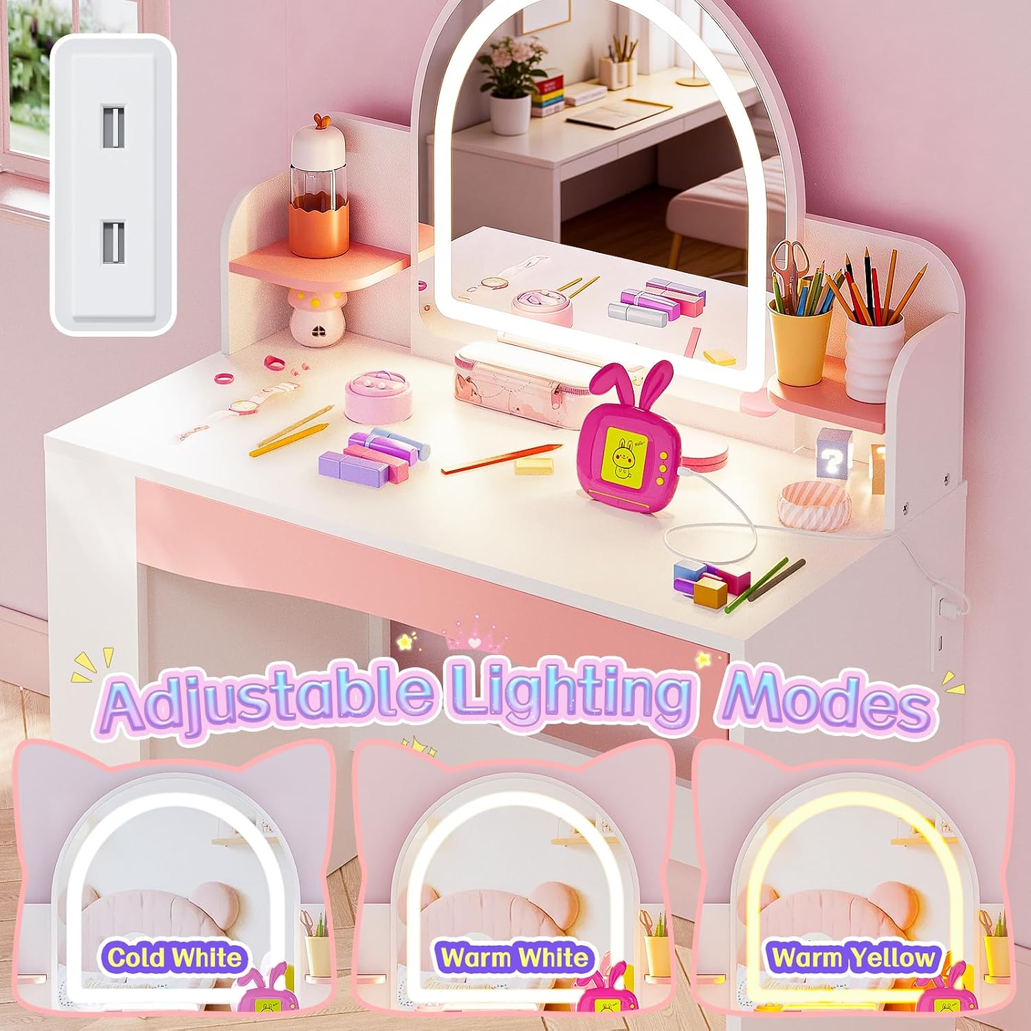 USB Lighted Kids Vanity Table Set