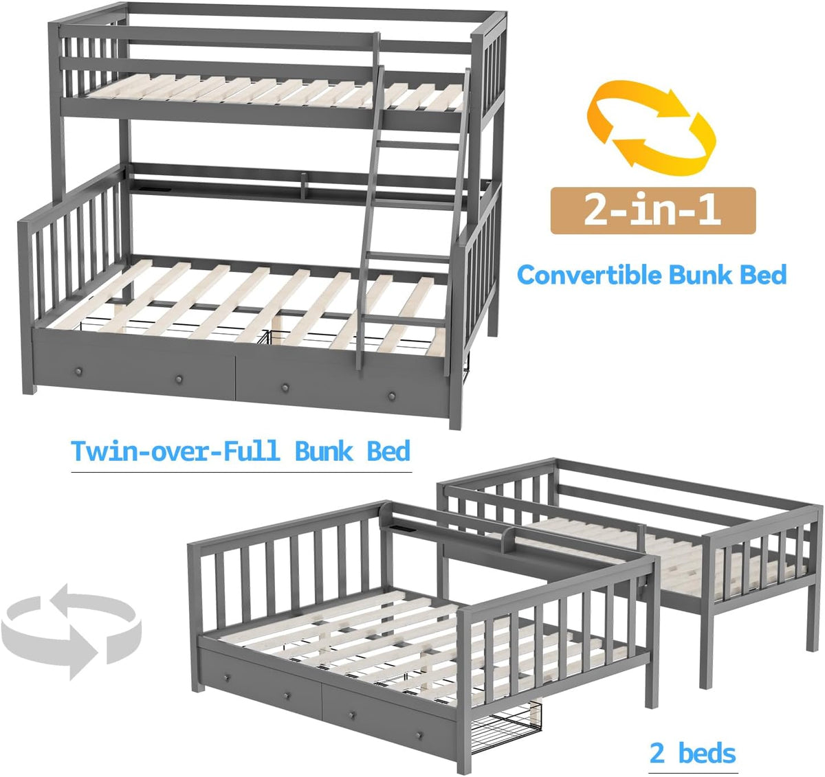 LED Charging Twin Over Full Bunk Bed
