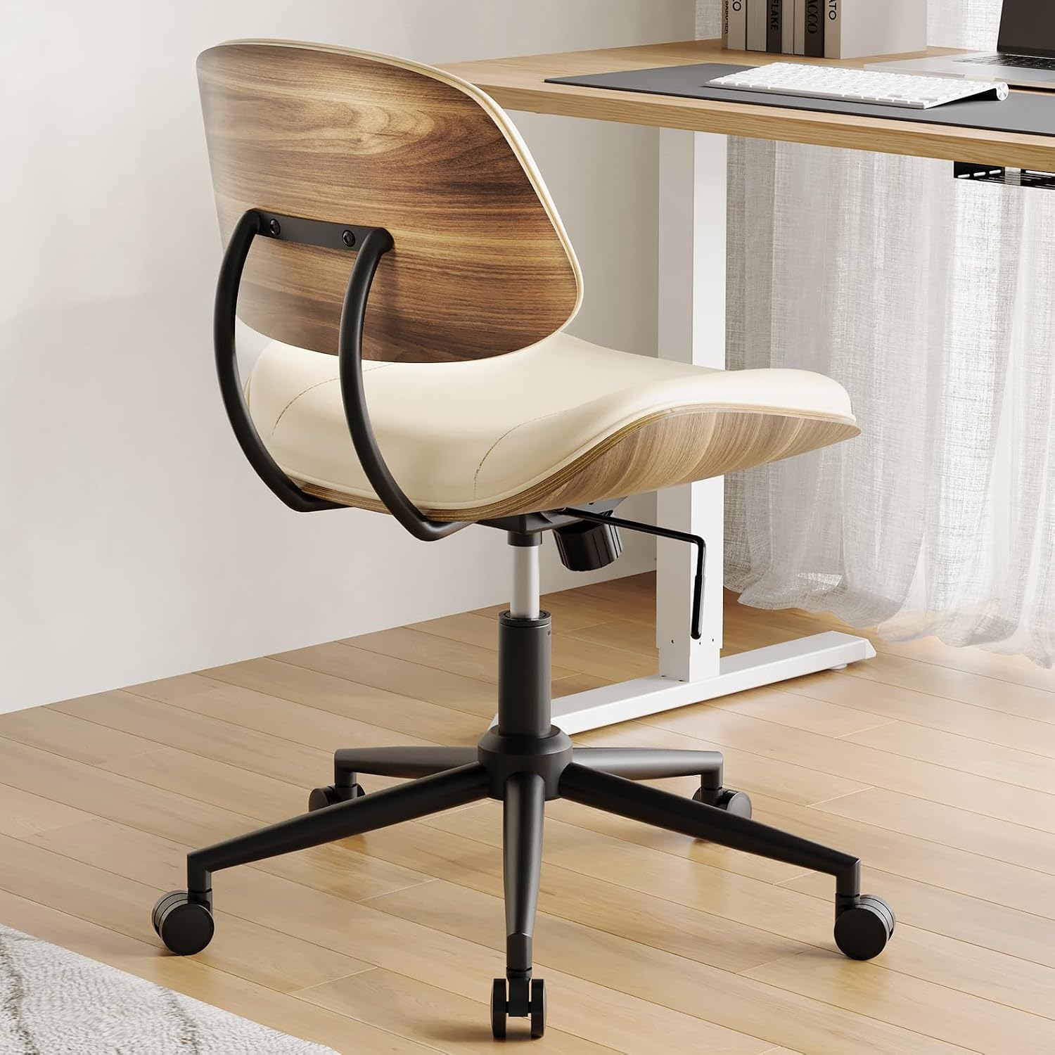 Beige PU Adjustable Swivel Desk Chair