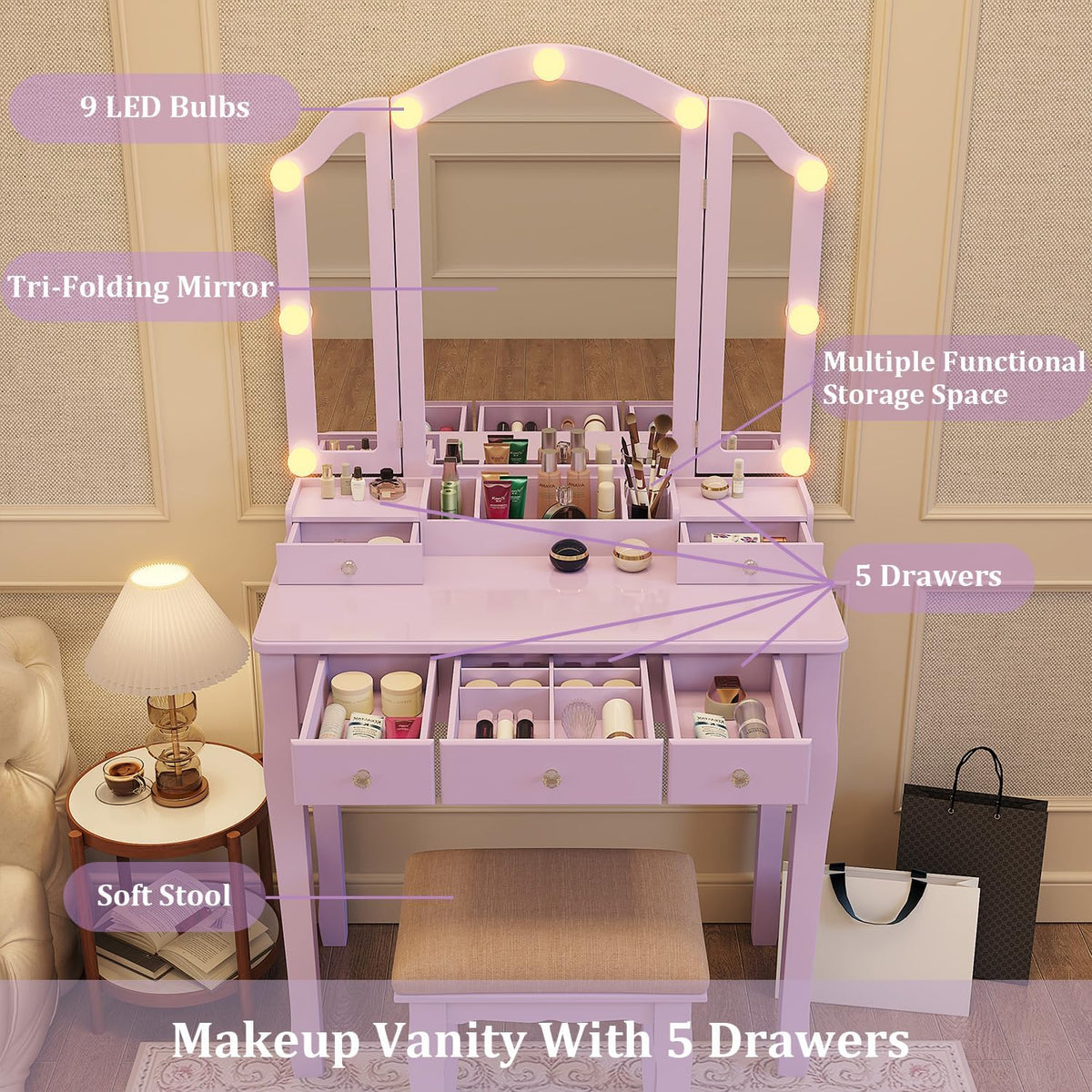 Purple Lighted Teen Vanity Desk Set