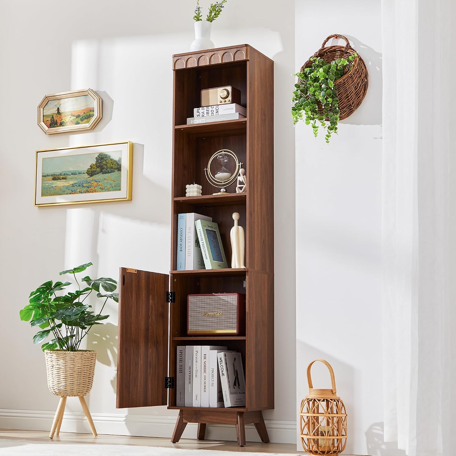 Natural Fluted Tall Narrow Bookcase