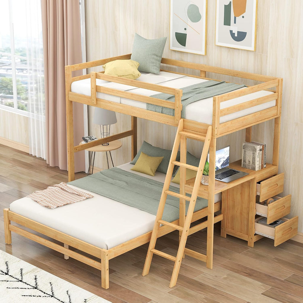 Natural Storage Desk Bunk Bed Frame