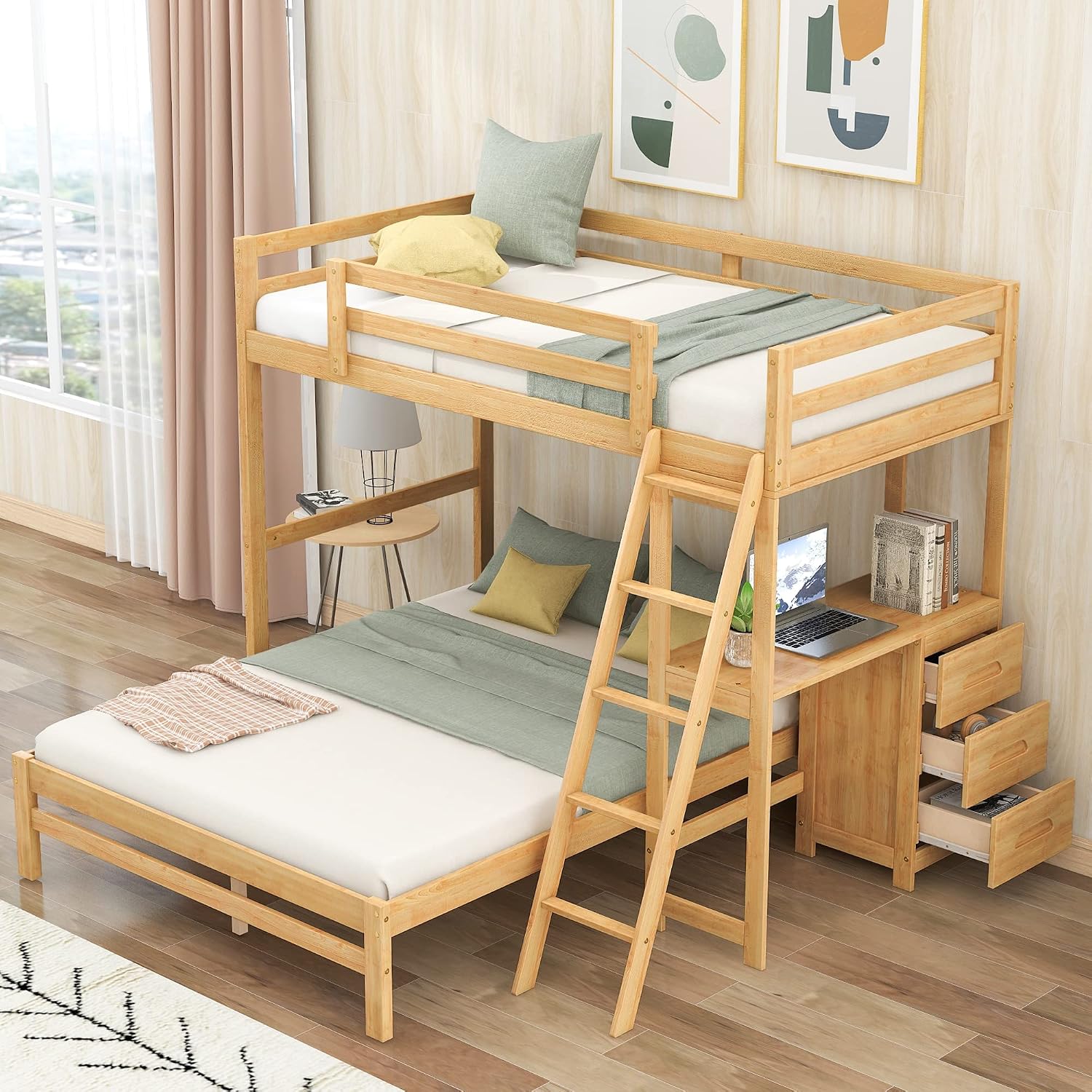 Natural Storage Desk Bunk Bed Frame