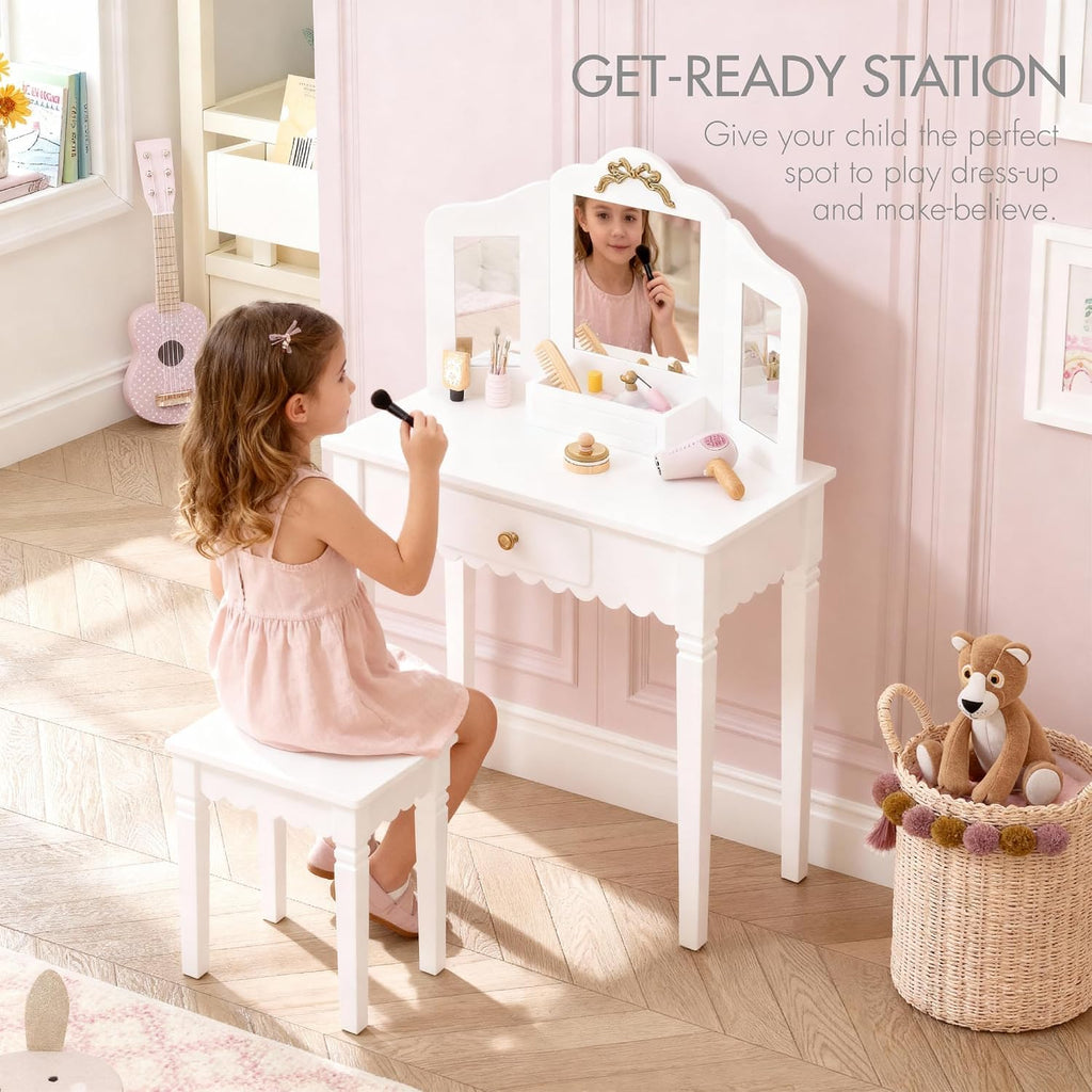 Gold Bow Wooden Kids Vanity Set