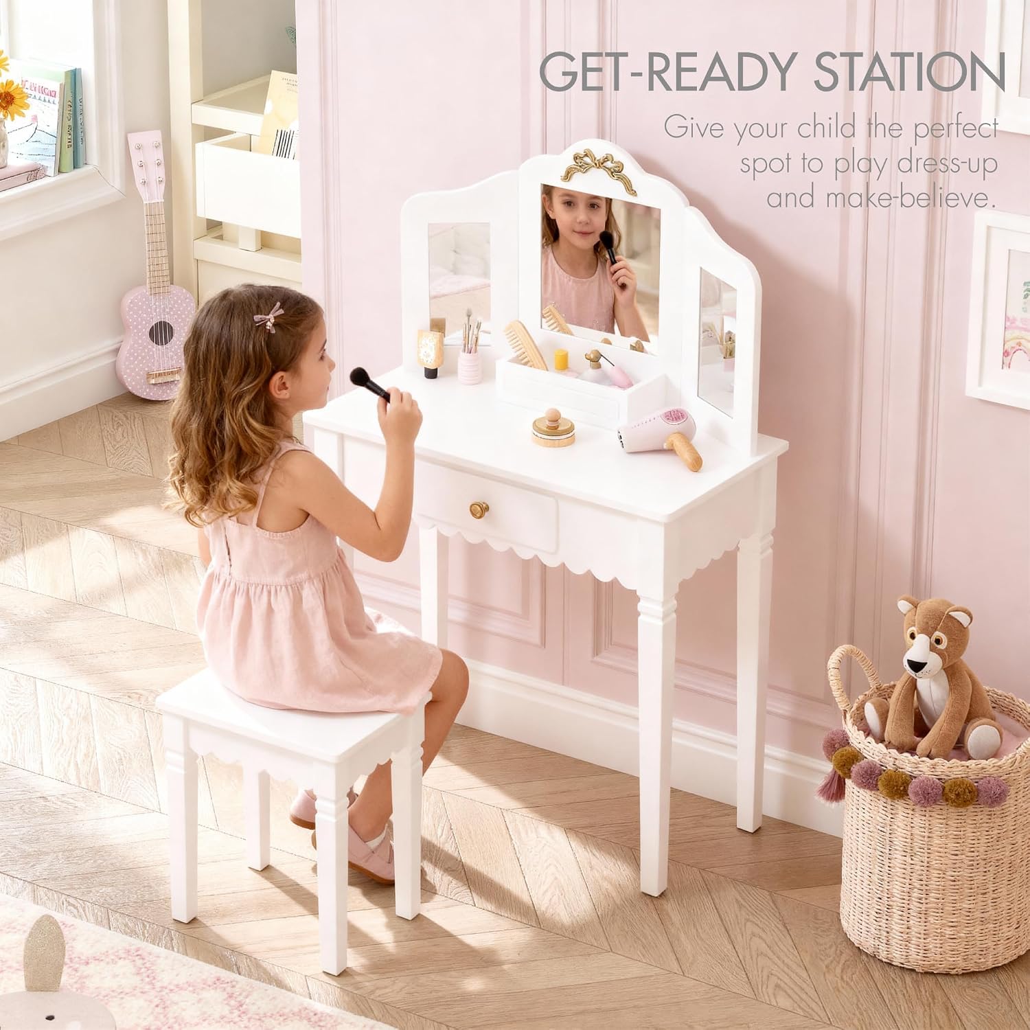 Gold Bow Wooden Kids Vanity Set