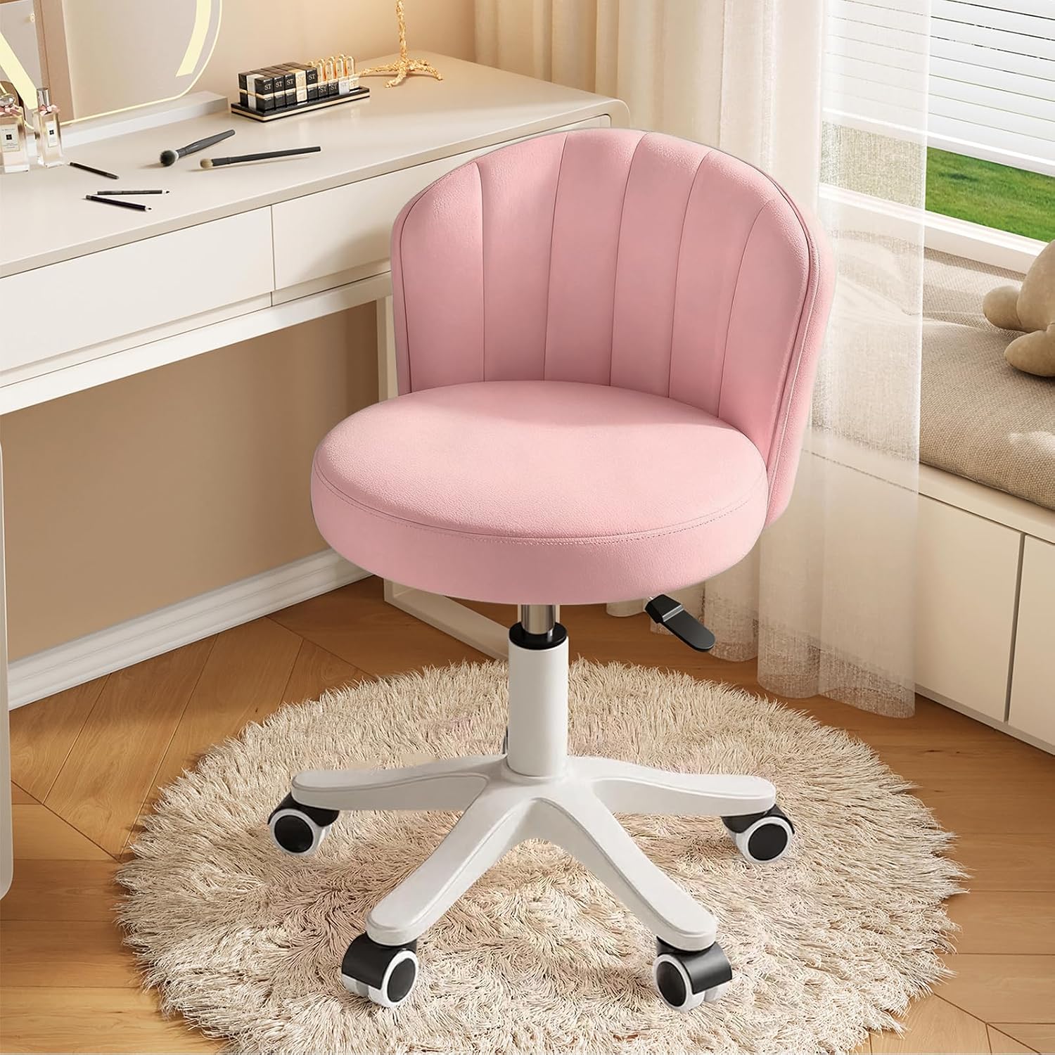 PU Adjustable Round Rolling Vanity Chair