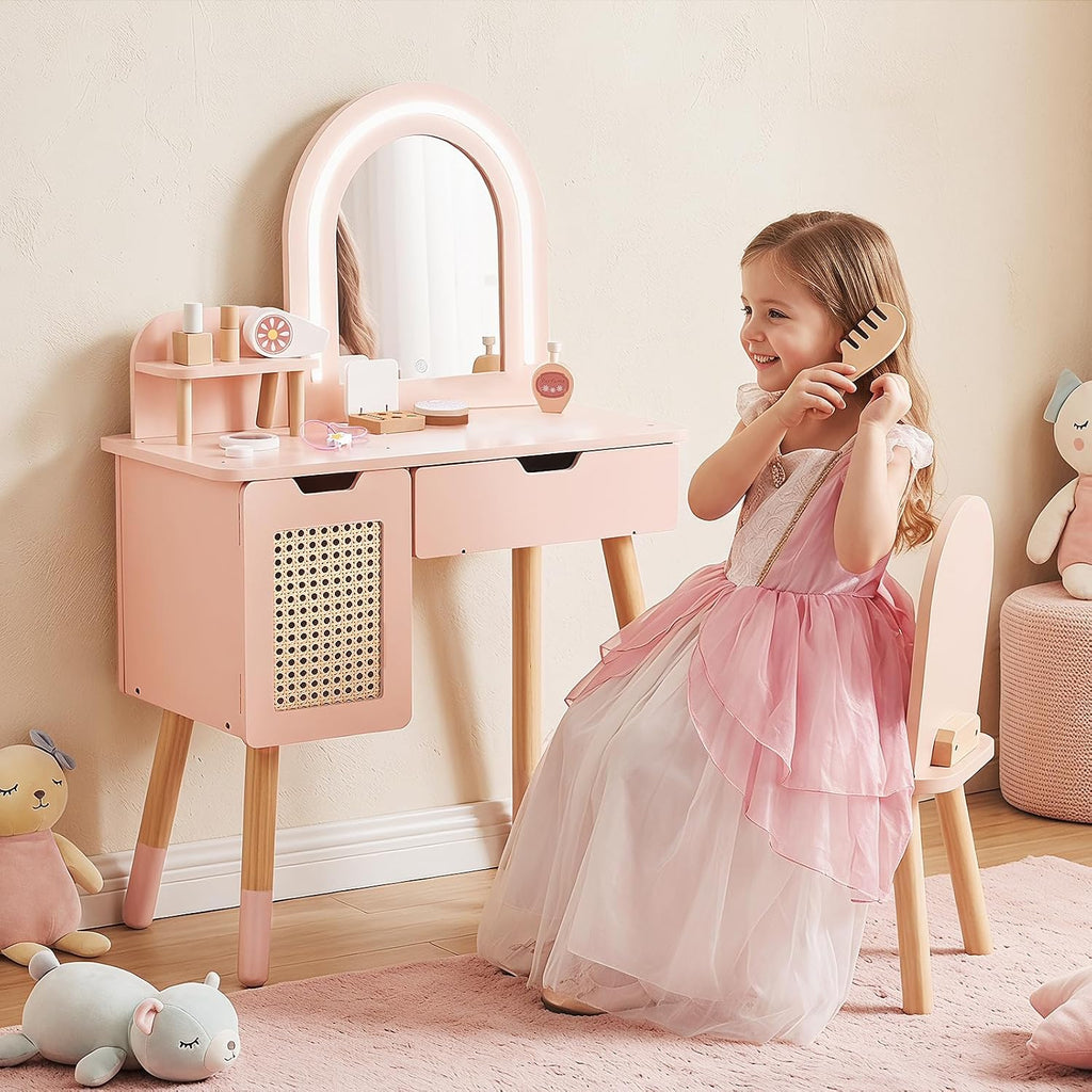 Pink Lighted Kids Vanity Table Set
