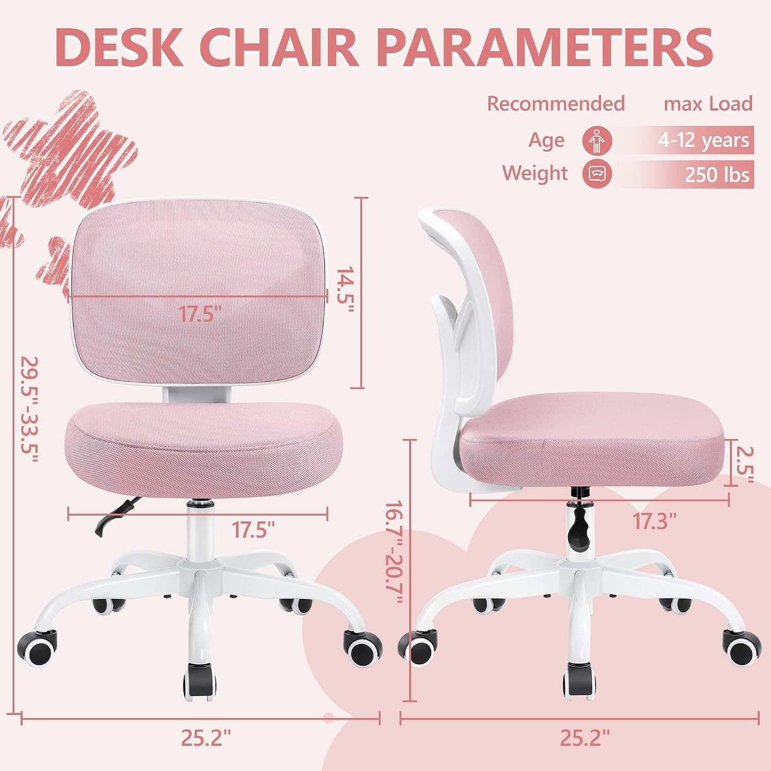 Pink Mesh Adjustable Kids Desk Chair