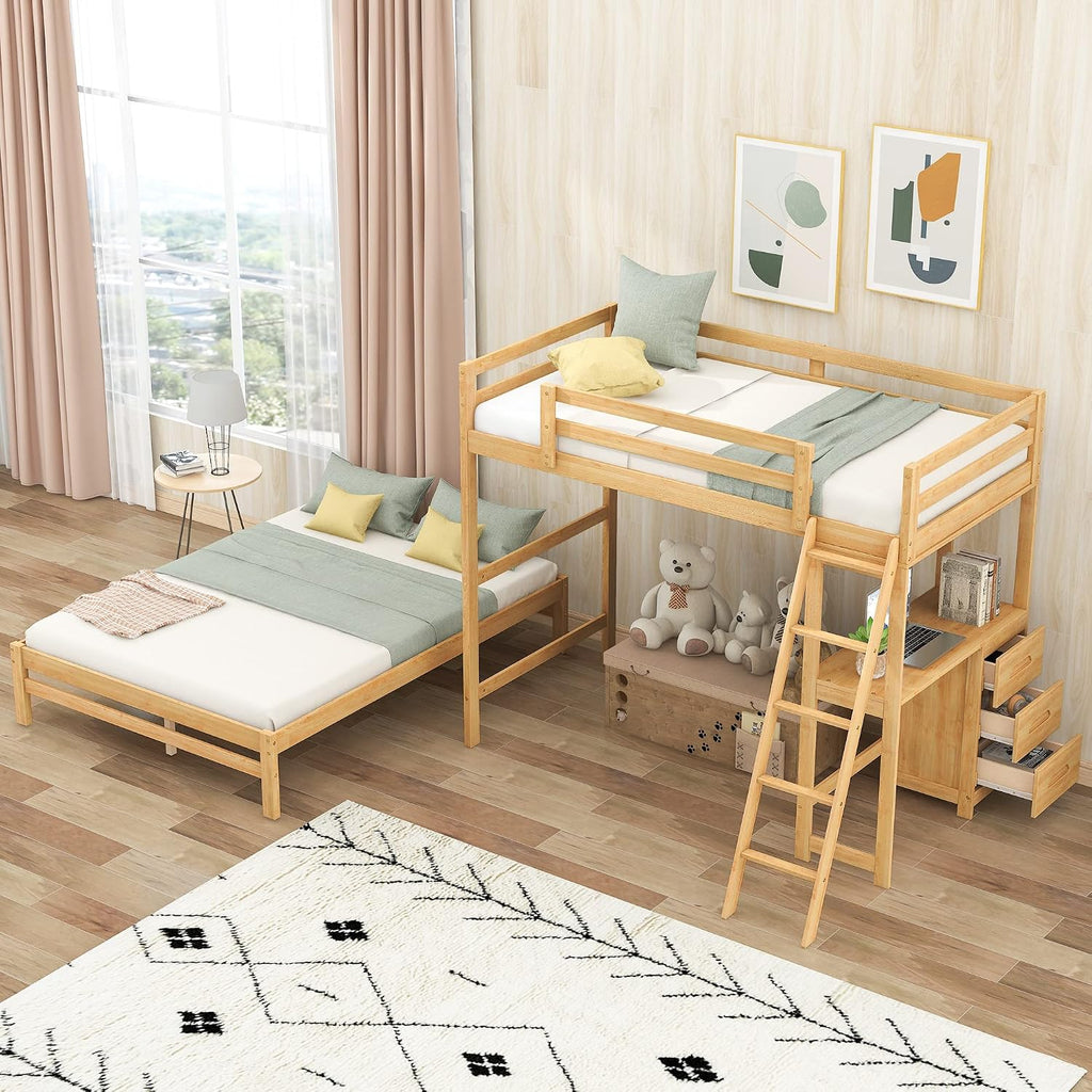 Natural Storage Desk Bunk Bed Frame