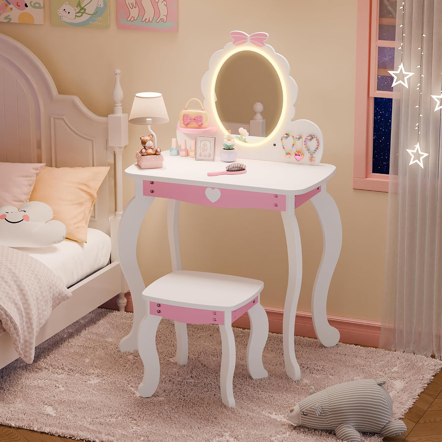 White Lighted Kids Vanity Desk Set