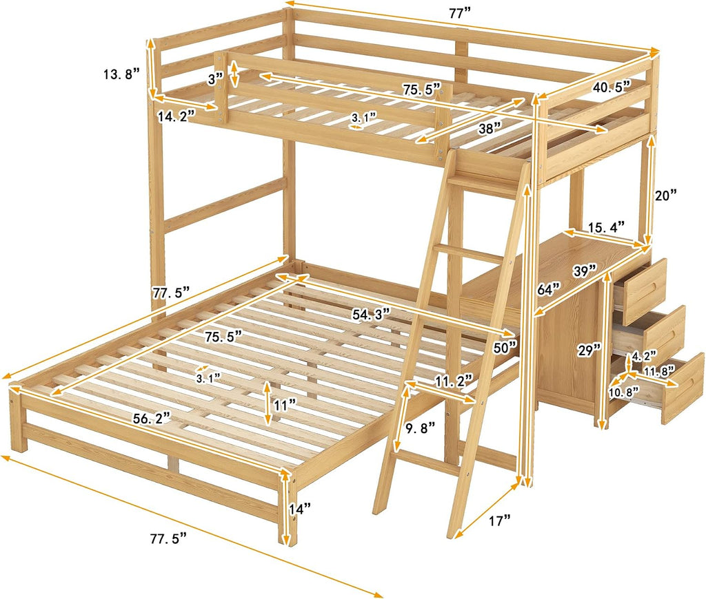 Natural Storage Desk Bunk Bed Frame