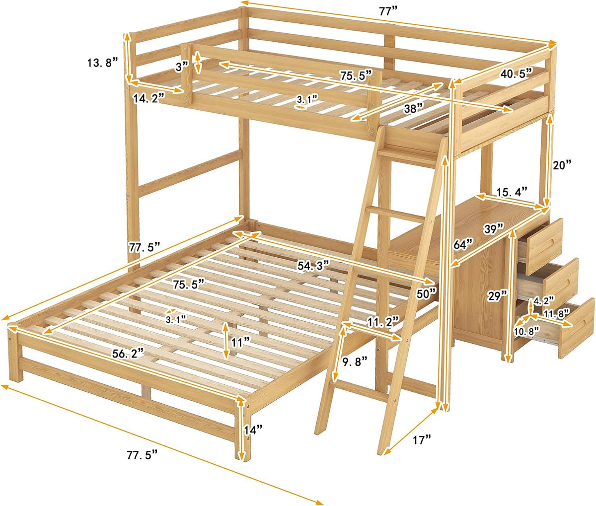 Natural Storage Desk Bunk Bed Frame